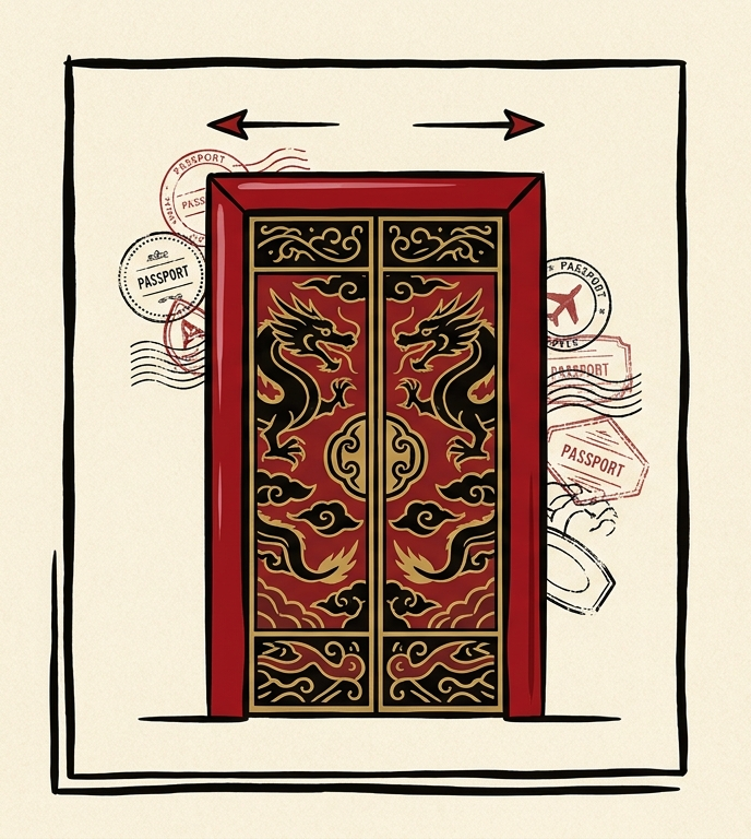 Ornate lacquer‑red door — Door 1, the CR‑1 path
