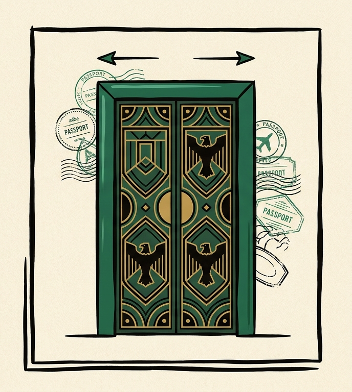 Ornate jade‑green door — Door 2, the K‑1 path