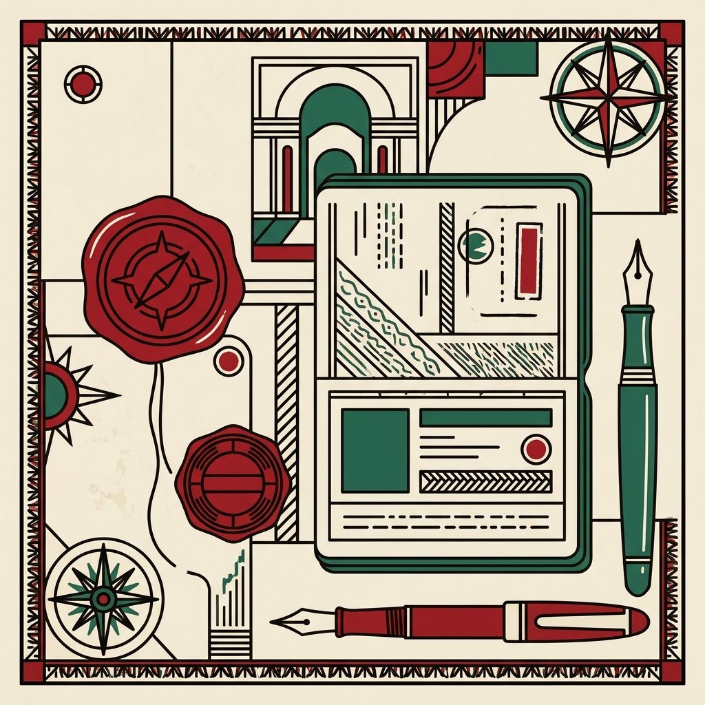 A flat-lay of official documents, a red lacquer wax seal, and fountain pens.