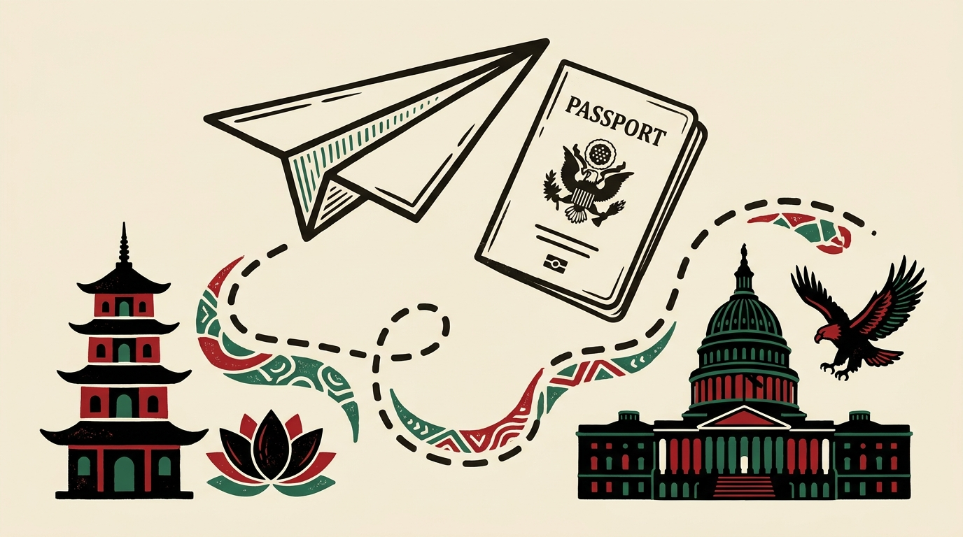 A paper airplane carrying a passport flies a dashed route between a Vietnamese pagoda and the U.S. Capitol.